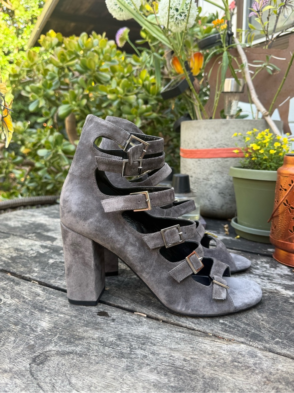 Saint Laurent Gray Suede Multi‑Strap Block Heel Sandals 41.5 - Picture 3 of 10